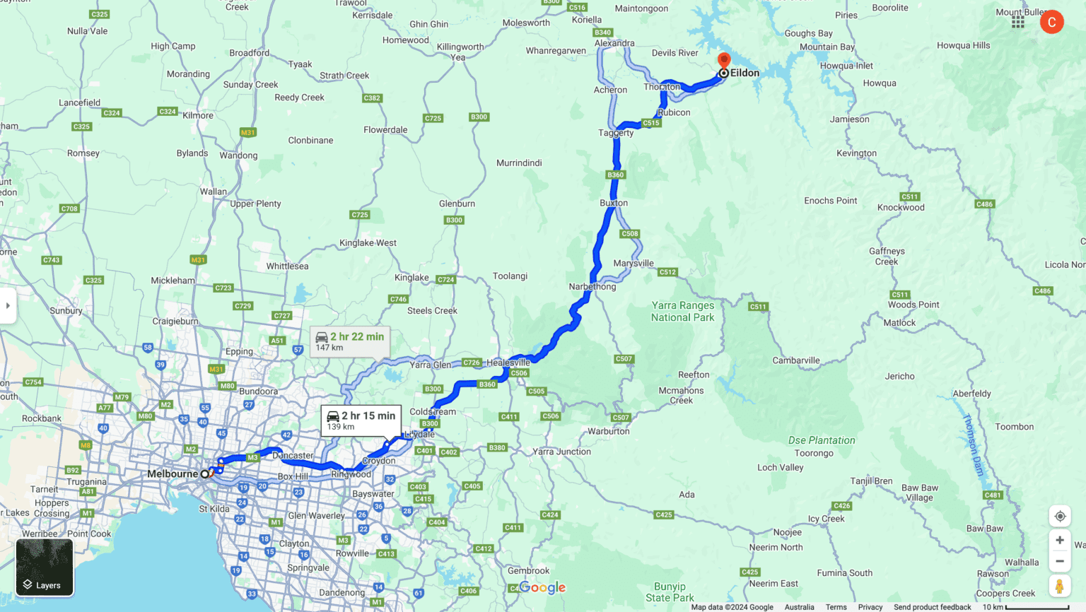 Map Showing How To Get To Eildon From Melbourne CBD