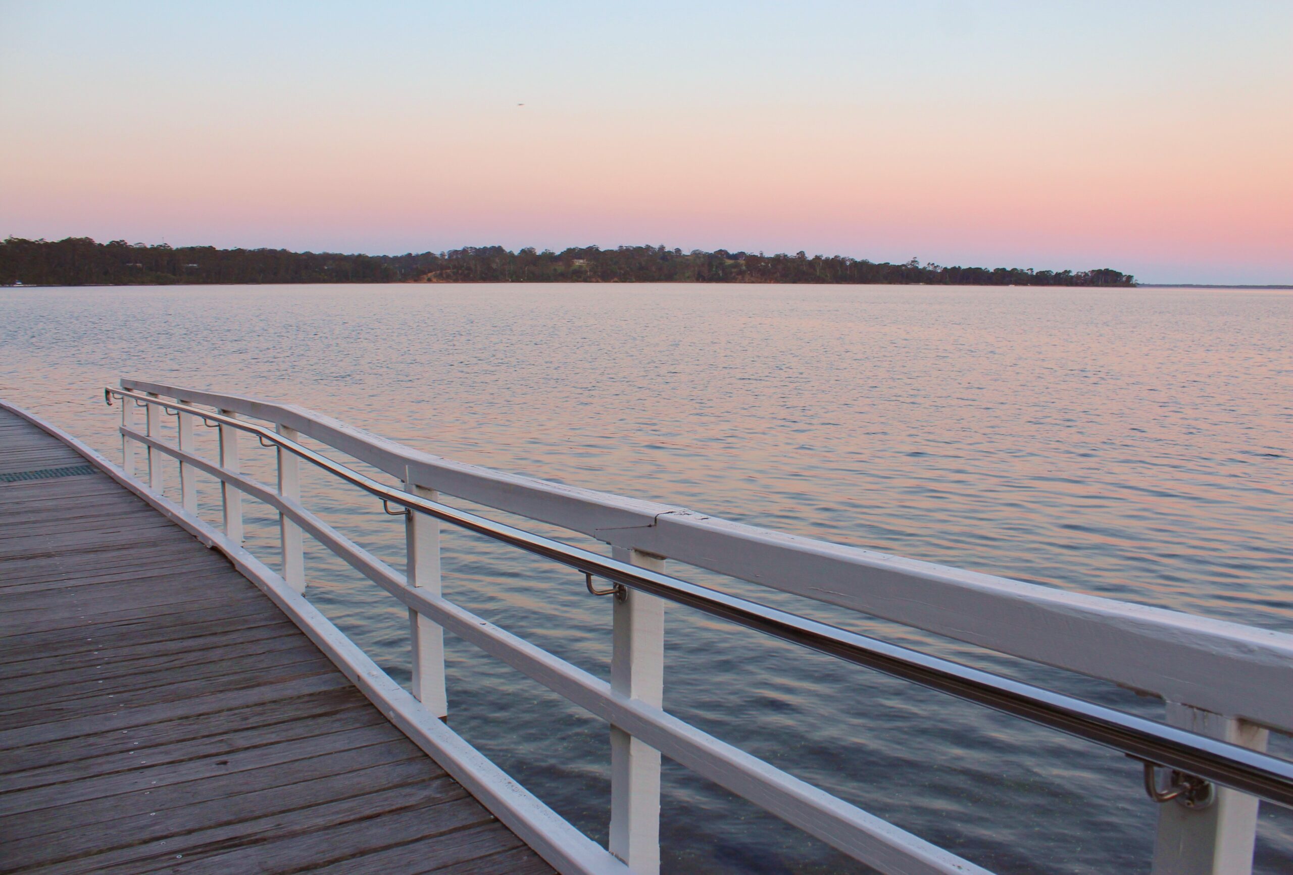 a wooden walkway with railings over water